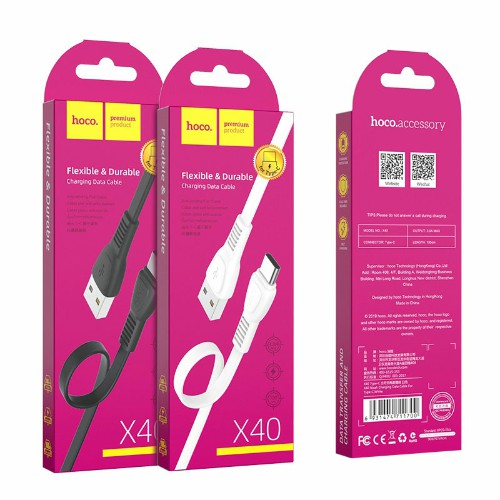 Кабель USB - Type-C HOCO X40 Noah, 1.0м, плоский, 2.4A, силикон, цвет: чёрный (1/33/330)