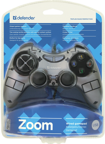Проводной геймпад DEFENDER Zoom USB Xinput, 10 кнопок, 2 стика, USB, серый (1/40)