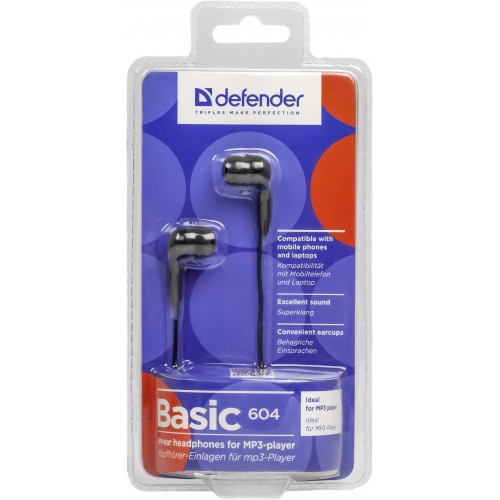 Проводные внутриканальные наушники DEFENDER Basic 604 вкладыши, шнур 1.2 м, черные (1/50)