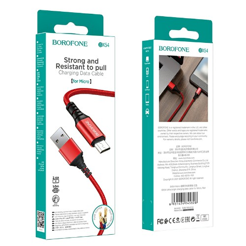 Кабель USB - микро USB Borofone BX54, 1.м, 2.4A, нейлон, цвет: красный (1/1000)