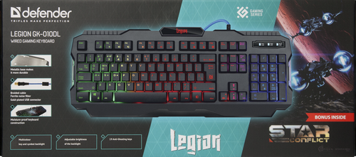 Клавиатура проводная игровая DEFENDER Legion GK-010DL, RGB подсветка, влагоустойчивая, черная (1/20)