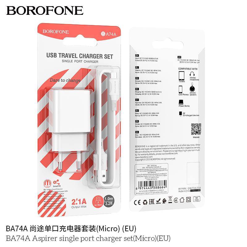 Блок питания сетевой 1 USB Borofone BA74A Aspirer, пластик, 2.1A, кабель микро USB, цвет: белый (1/6