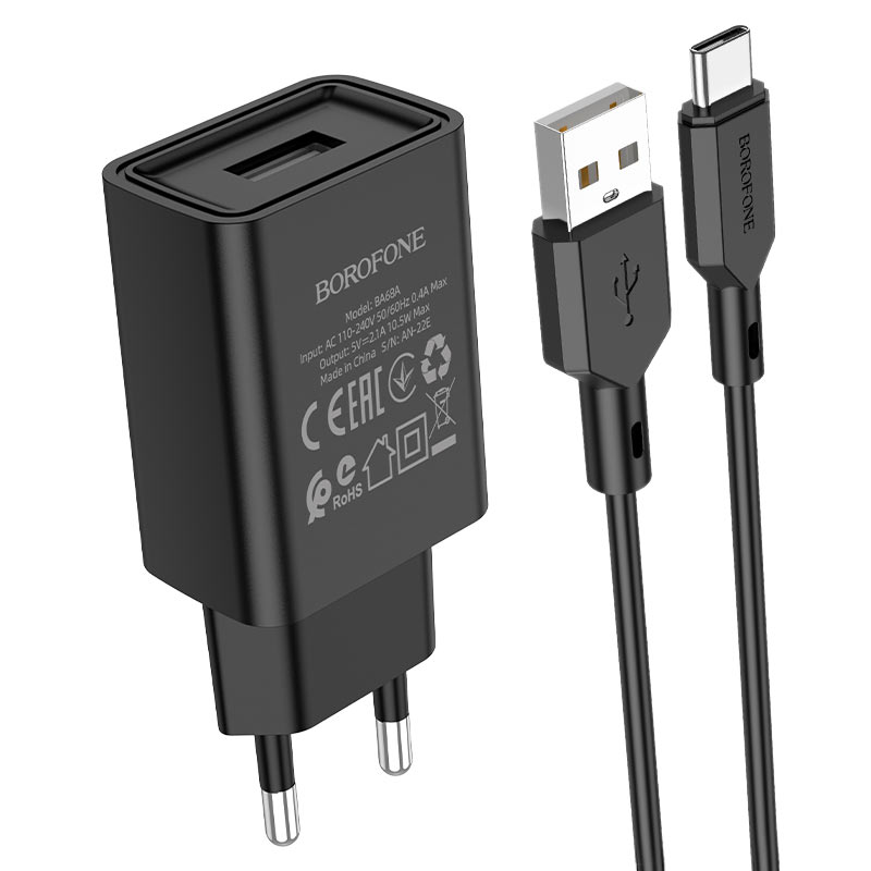 Блок питания сетевой 1 USB Borofone BA68A, Glacier, 2100mA, кабель Type-C, цвет: черный (1/60/240)