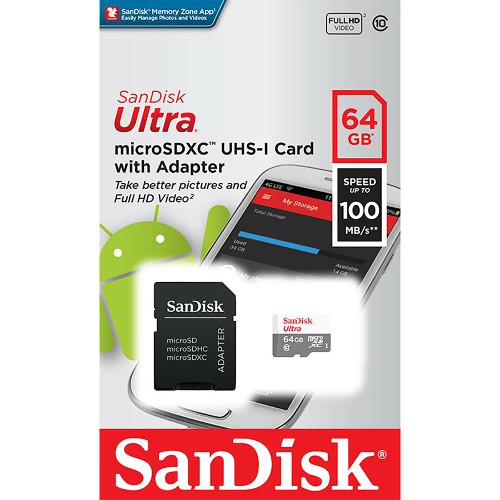 MicroSD  64GB  SanDisk Class 10 Ultra Light UHS-I  (100 Mb/s) + SD адаптер