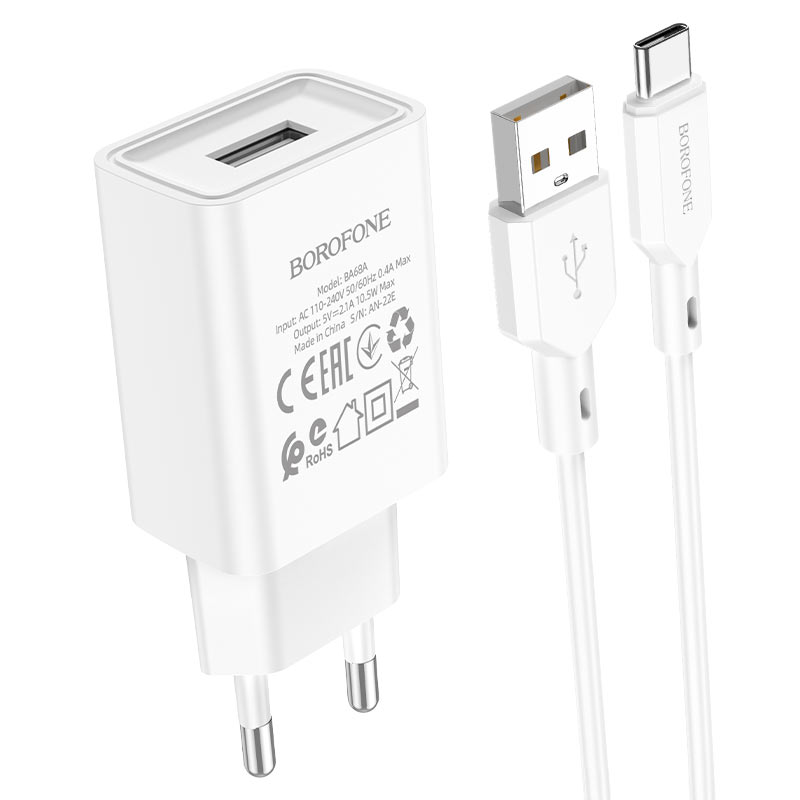 Блок питания сетевой 1 USB Borofone BA68A, Glacier, 2100mA, кабель Type-C, цвет: белый (1/60/240)