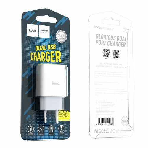 Блок питания сетевой 2 USB HOCO C73A, Glorious, 2400mA, пластик, цвет: белый (1/36/216)